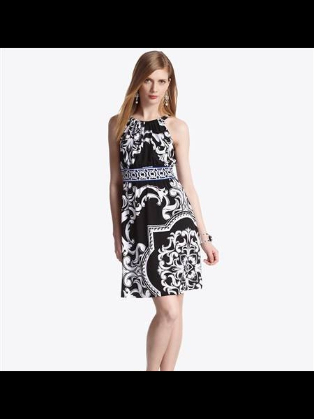 White House Black Market Black and White Halter-Style Printed Dress
